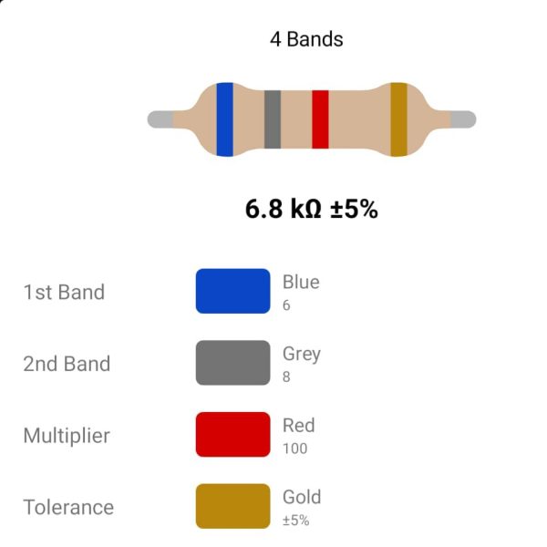RESISTOR 1/4W 6.8K %5 – مقاومت 1/4 وات 6.8 کیلو اهم ۵% کربنی